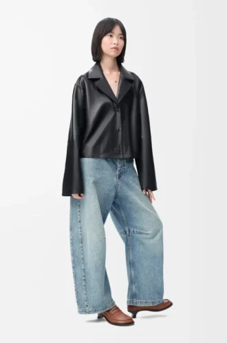 Blouse pyjama en cuir d&rsquo;agneau nappa noir
