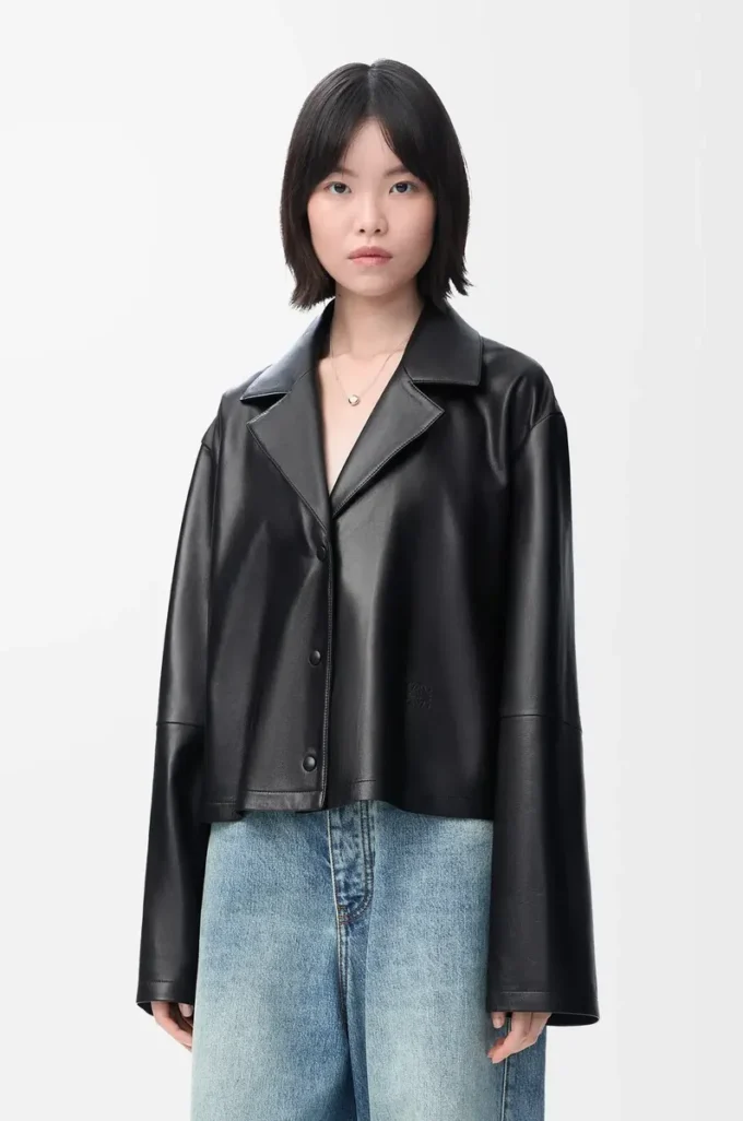 Blouse pyjama en cuir d&rsquo;agneau nappa noir