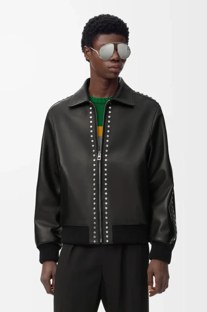 Blouson aviateur en cuir d&rsquo;agneau nappa Noir