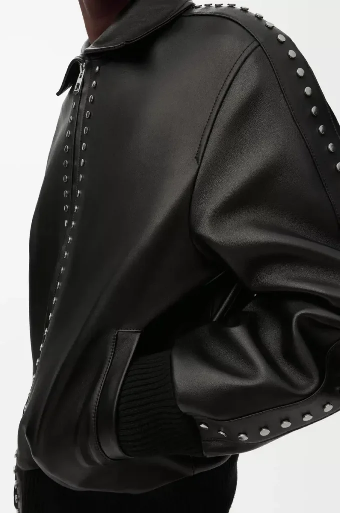 Blouson aviateur en cuir d&rsquo;agneau nappa Noir