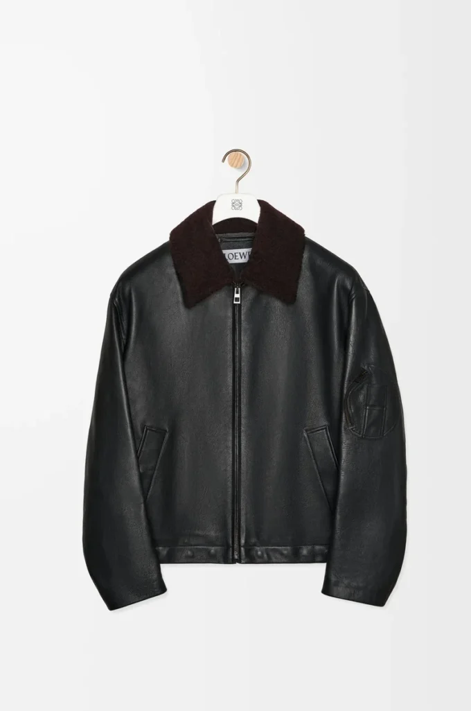 Blouson aviateur en cuir d&rsquo;agneau nappa Noir/Marron
