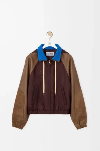 Blouson aviateur en nylon, cuir d&rsquo;agneau nappa et cuir de veau suédé Marron