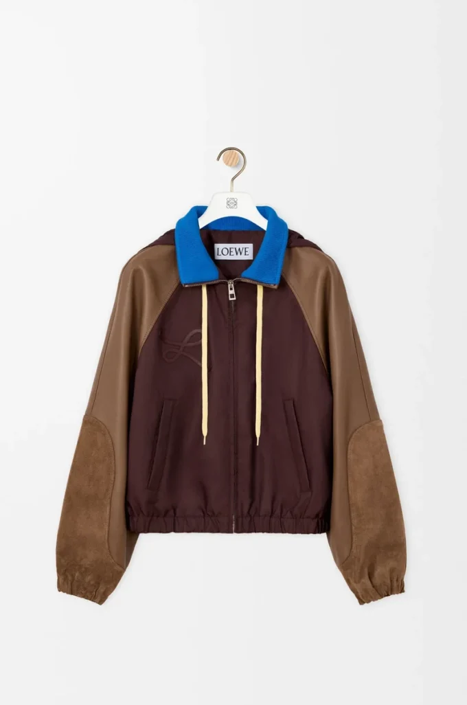 Blouson aviateur en nylon, cuir d&rsquo;agneau nappa et cuir de veau suédé Marron