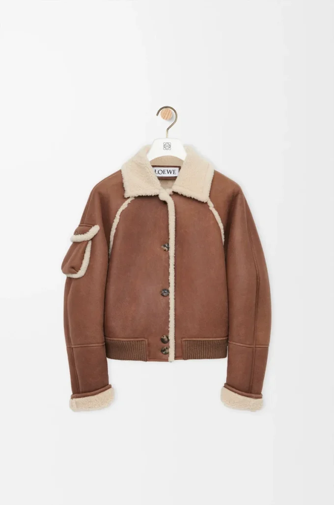 Blouson aviateur en peau lainée Marron