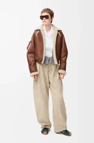 Blouson aviateur en peau lainée Marron