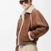 Blouson aviateur en peau lainée Marron