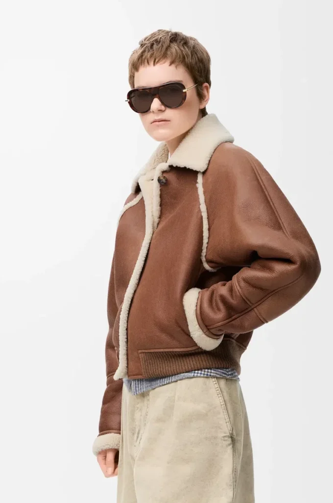Blouson aviateur en peau lainée Marron