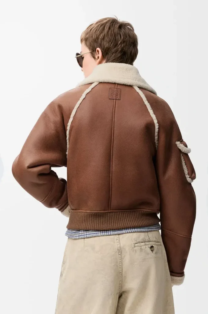 Blouson aviateur en peau lainée Marron