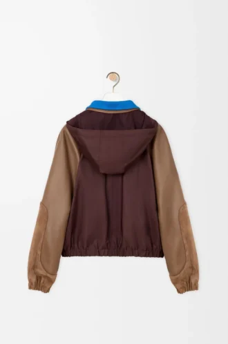 Blouson aviateur en nylon, cuir d&rsquo;agneau nappa et cuir de veau suédé Marron