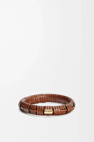 Bracelet tissé en laiton et cuir de veau classique Tan