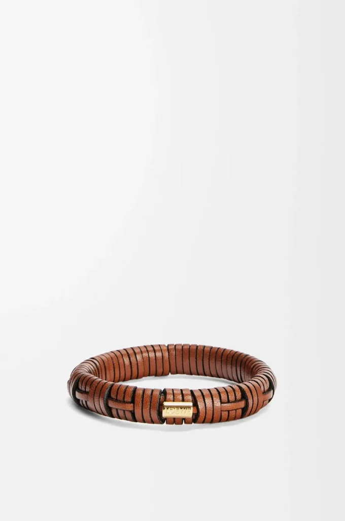 Bracelet tissé en laiton et cuir de veau classique Tan