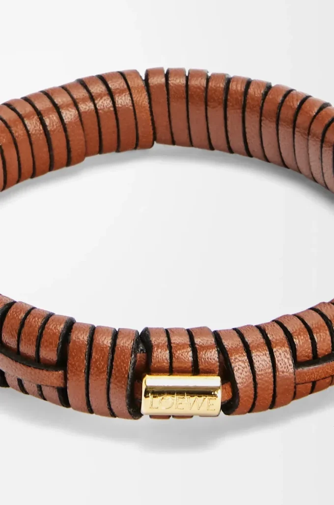 Bracelet tissé en laiton et cuir de veau classique Tan