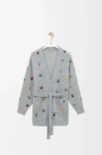 Cardigan ceinturé en laine gris/multicolore
