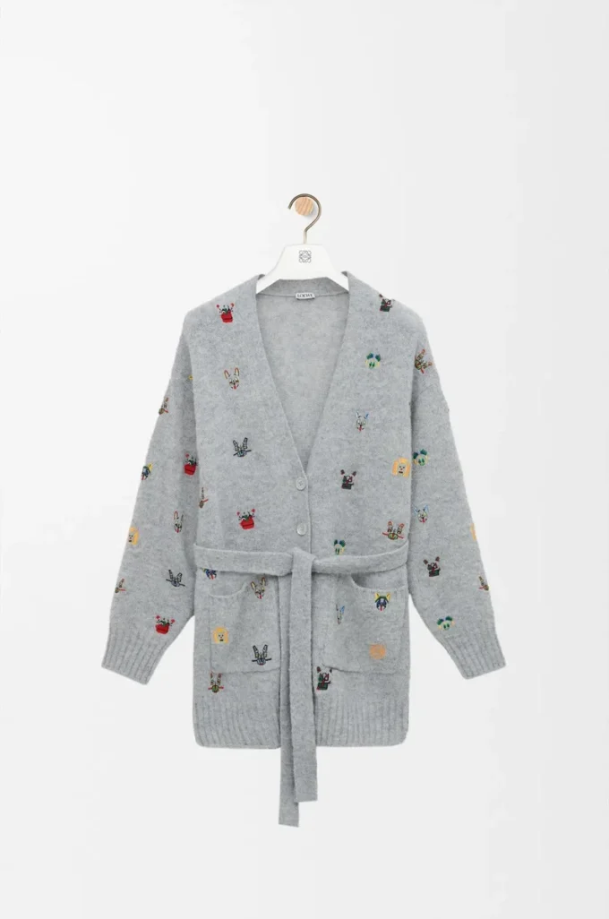 Cardigan ceinturé en laine gris/multicolore