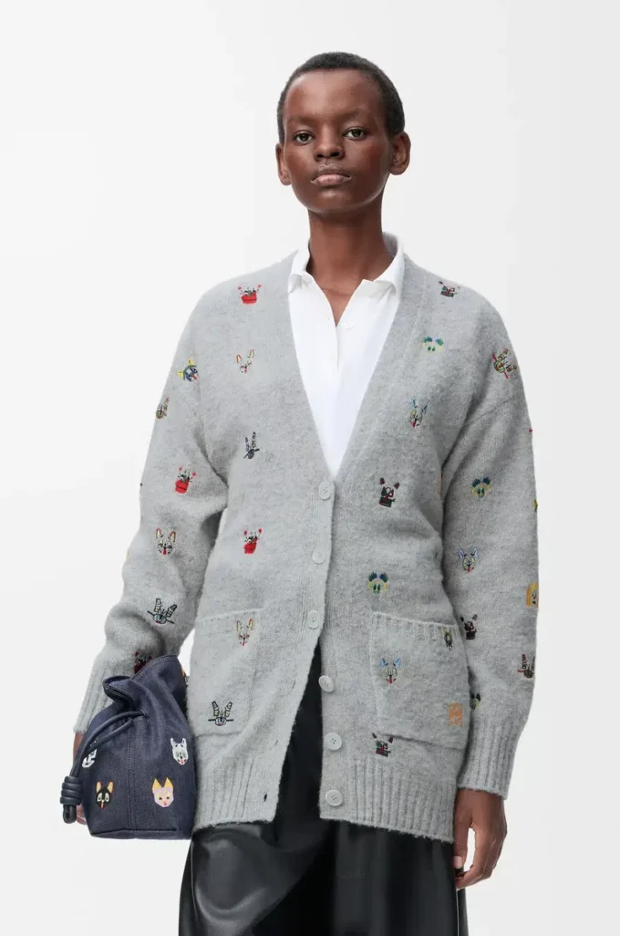 Cardigan ceinturé en laine gris/multicolore