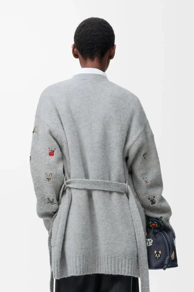Cardigan ceinturé en laine gris/multicolore