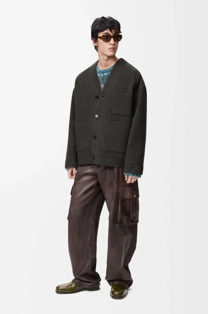 Cardigan en laine et soie Kaki/Bleu