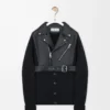 Cardigan hybride en cuir d&rsquo;agneau nappa et laine Noir/Noir