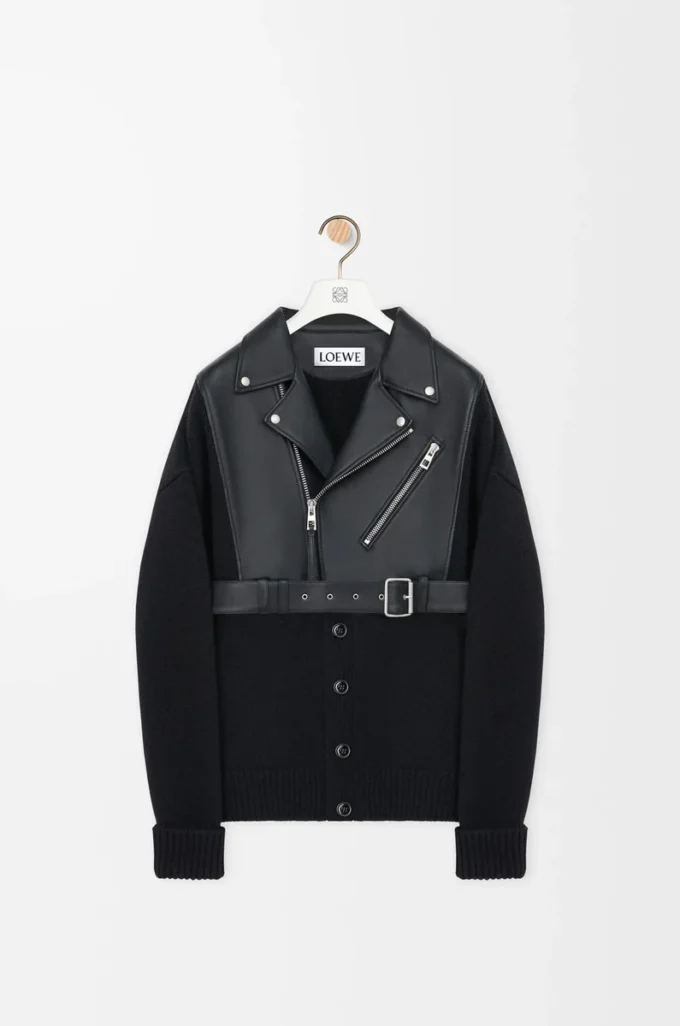 Cardigan hybride en cuir d&rsquo;agneau nappa et laine Noir/Noir
