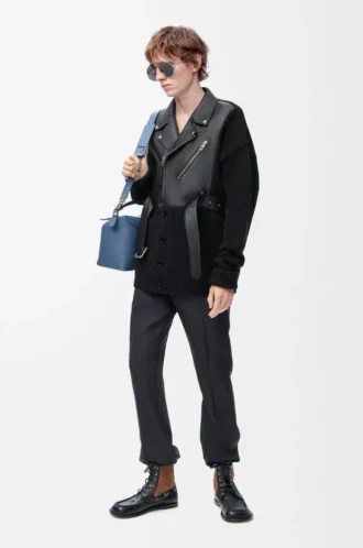 Cardigan hybride en cuir d’agneau nappa et laine Noir/Noir Cardigan hybride en cuir d’agneau nappa et laine Noir/Noir