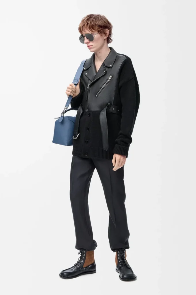 Cardigan hybride en cuir d&rsquo;agneau nappa et laine Noir/Noir