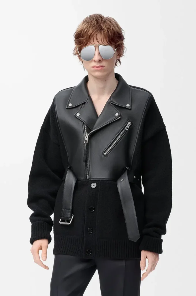 Cardigan hybride en cuir d&rsquo;agneau nappa et laine Noir/Noir