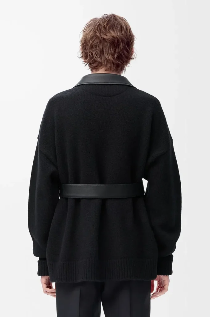 Cardigan hybride en cuir d&rsquo;agneau nappa et laine Noir/Noir