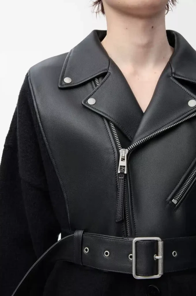 Cardigan hybride en cuir d&rsquo;agneau nappa et laine Noir/Noir