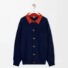 Cardigan polo en laine bleu marine/orange