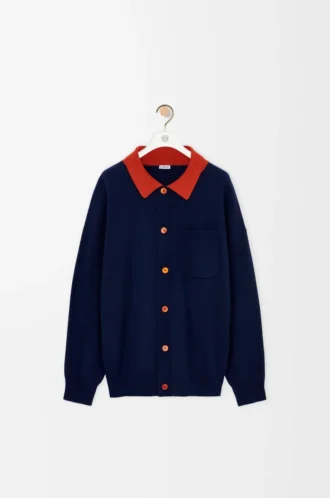 Cardigan polo en laine bleu marine/orange