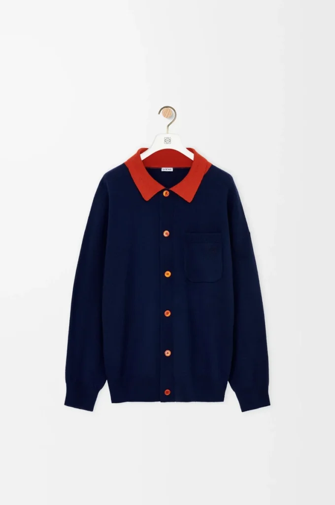 Cardigan polo en laine bleu marine/orange