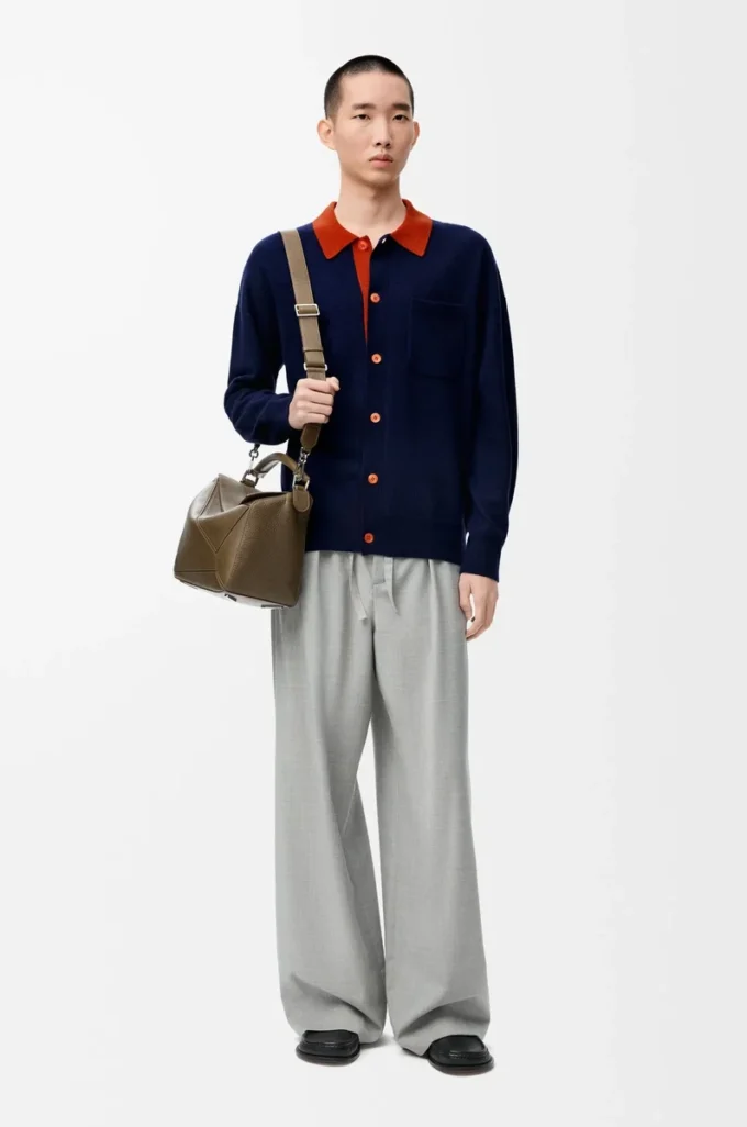 Cardigan polo en laine bleu marine/orange