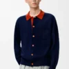 Cardigan polo en laine bleu marine/orange