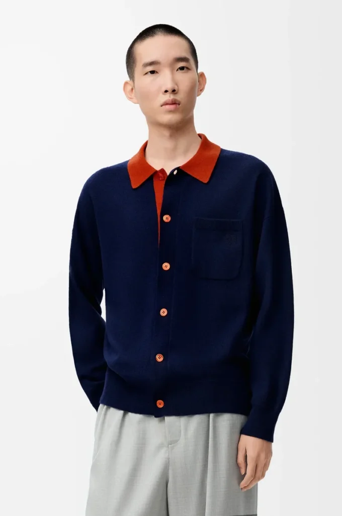 Cardigan polo en laine bleu marine/orange