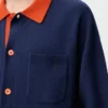 Cardigan polo en laine bleu marine/orange