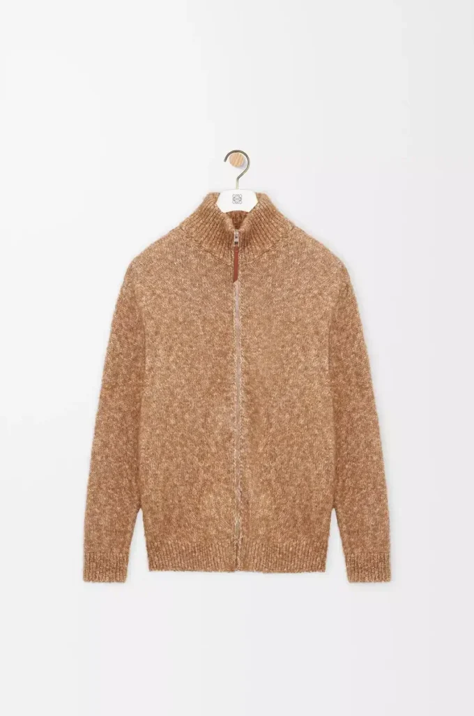 Cardigan zippé en coton, lin et laine Beige