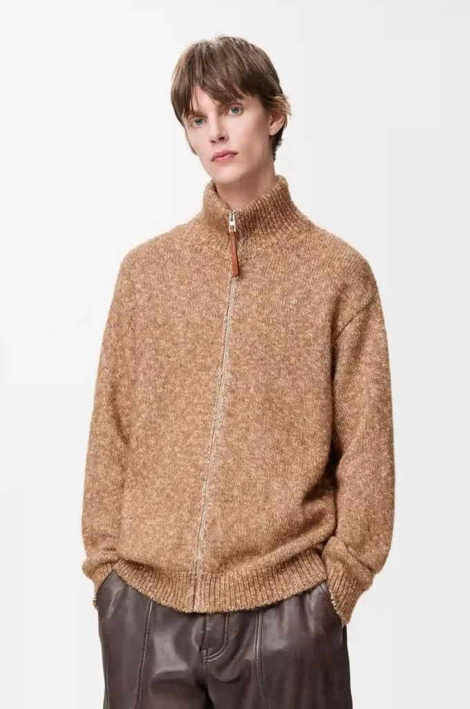 Cardigan zippé en coton, lin et laine Beige