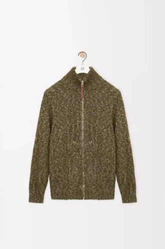 Cardigan zippé en coton, lin et laine Vert kaki