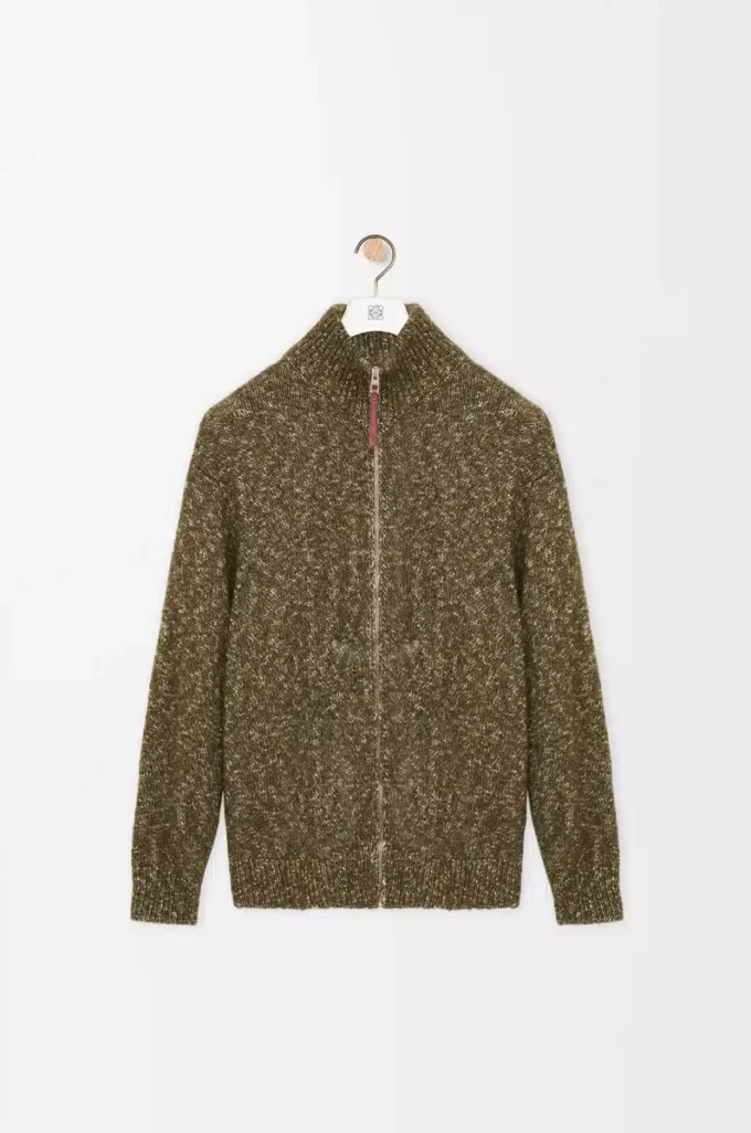 Cardigan zippé en coton, lin et laine Vert kaki