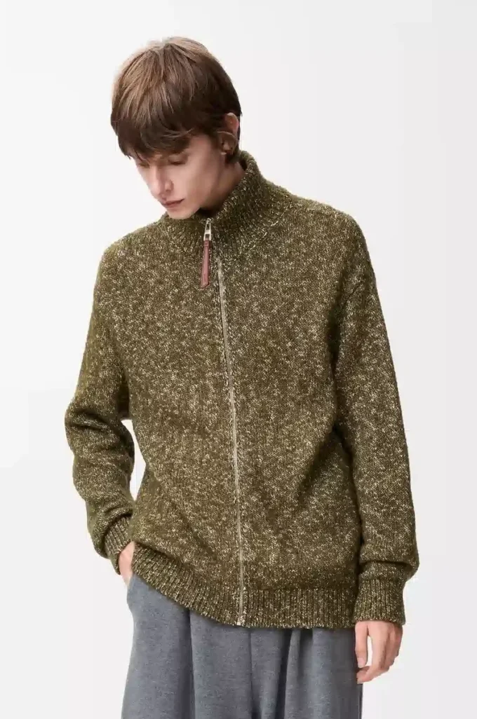 Cardigan zippé en coton, lin et laine Vert kaki