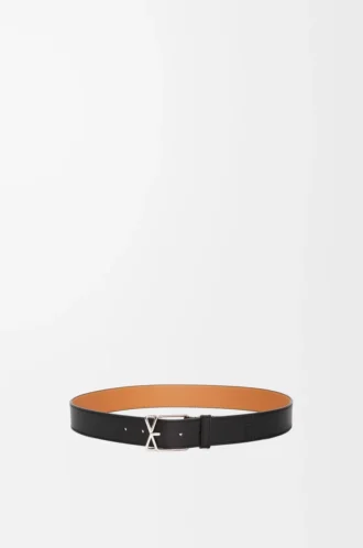 Ceinture à boucle croisée superposée en cuir de veau lisse Noir/Palladium