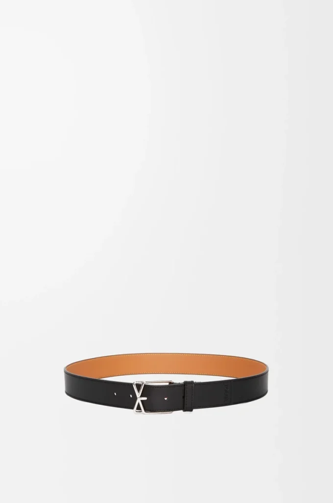 Ceinture à boucle croisée superposée en cuir de veau lisse Noir/Palladium