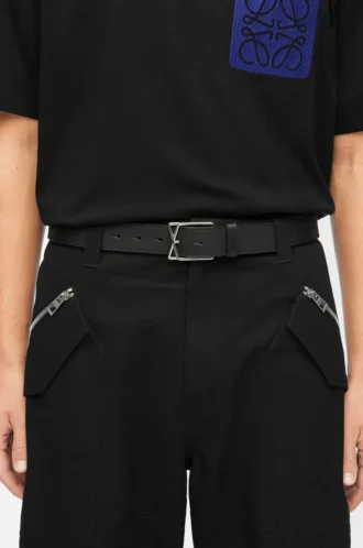Ceinture à boucle croisée superposée en cuir de veau lisse Noir/Palladium