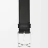 Ceinture à boucle croisée superposée en cuir de veau lisse Noir/Palladium