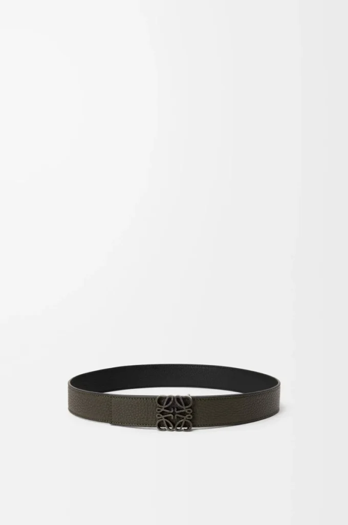 Ceinture réversible Anagram en cuir de veau grainé souple Dark Khaki/Black/Dark Pal