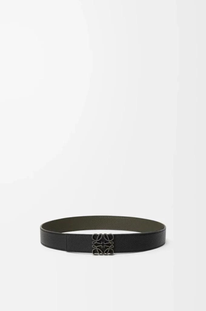 Ceinture réversible Anagram en cuir de veau grainé souple Dark Khaki/Black/Dark Pal