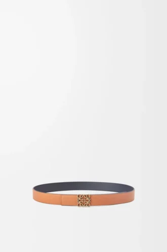 Ceinture réversible Anagram en cuir de veau grainé souple et cuir de veau lisse Tan/Noir/Vieux Or