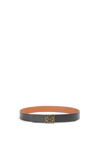 Ceinture réversible Anagram en cuir de veau grainé souple et cuir de veau lisse Tan/Noir/Vieux Or