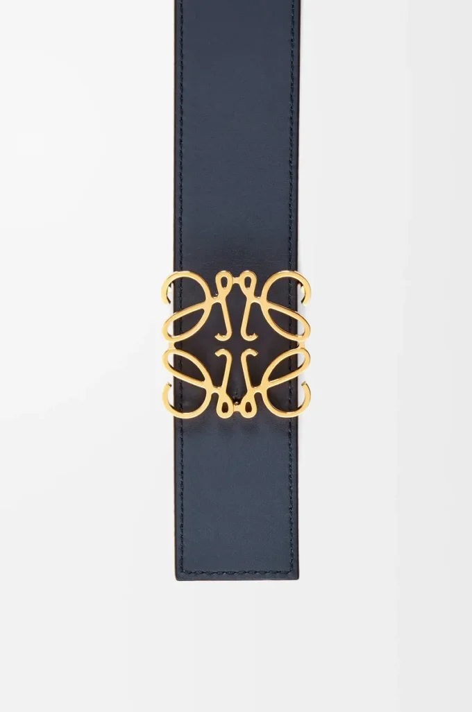 Ceinture réversible Anagram en cuir de veau lisse Noir/Océan/Or