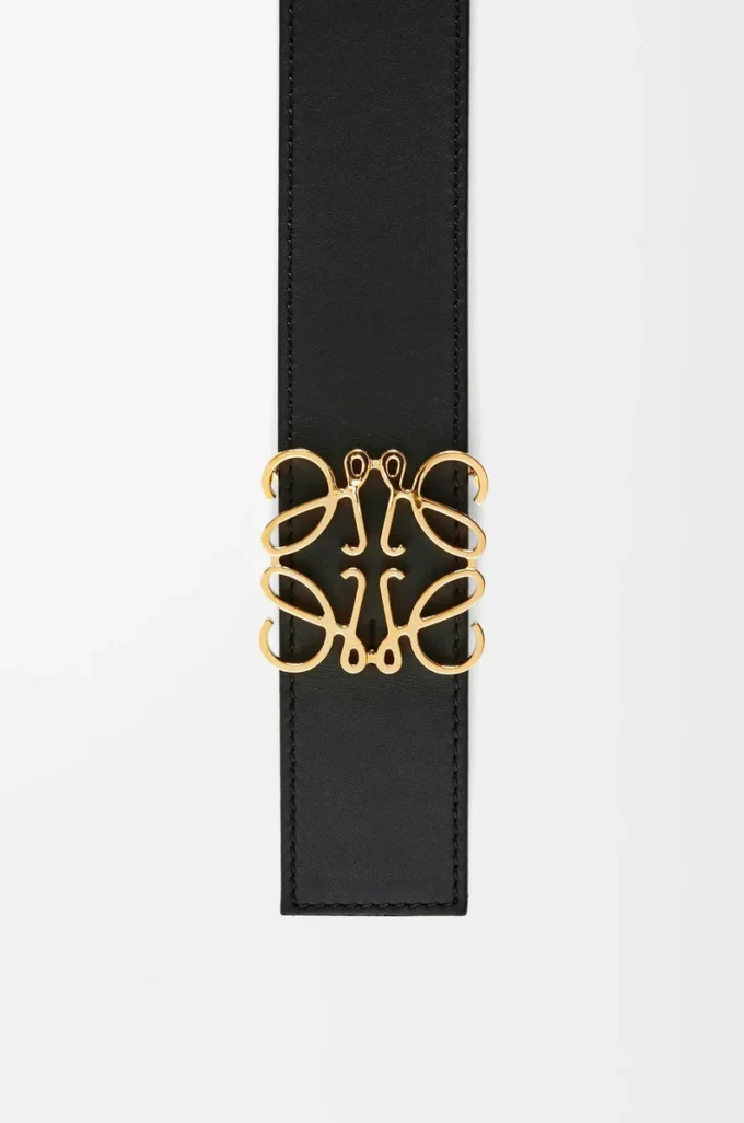 Ceinture réversible Anagram en cuir de veau lisse Noir/Océan/Or